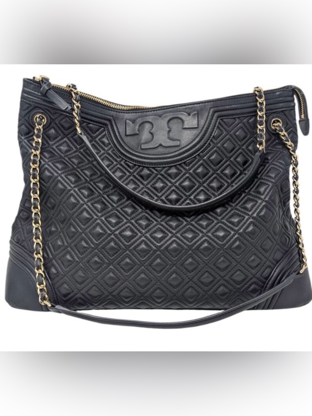 Tory Burch Fleming Quilted Black Leather  Shoulder Bag w/ Tassel & Chain GUC